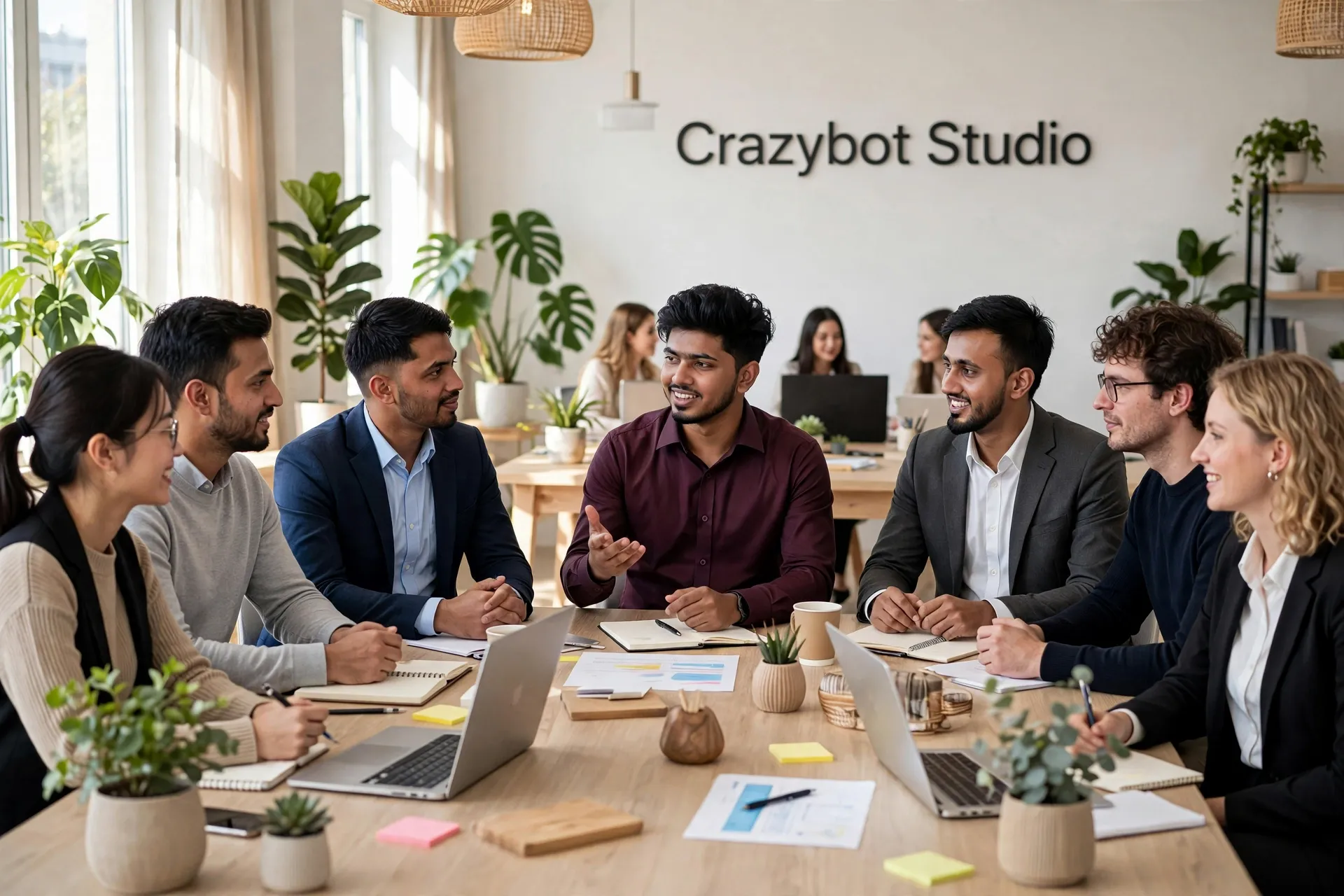 The whole team around the table at a Crazybot Studio planning session