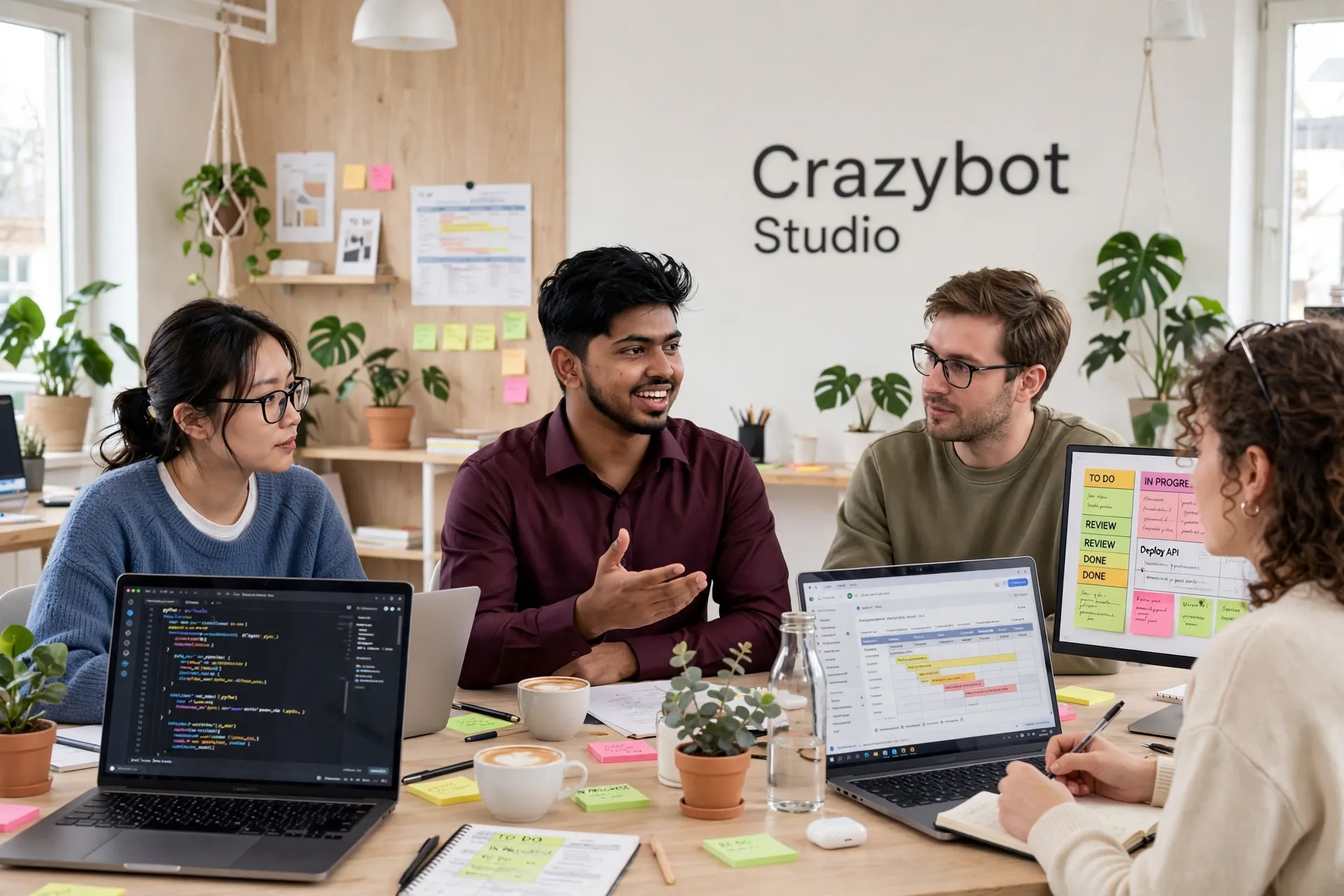 The Crazybot Studio team working through a build together — code and a sprint board on the screens